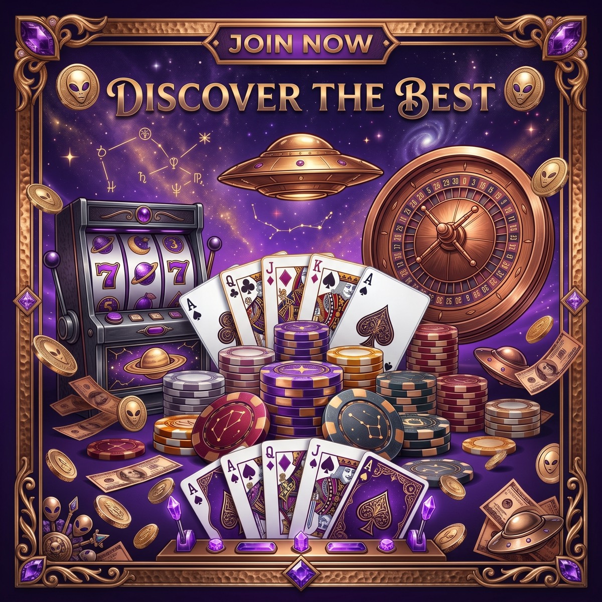 Ornate casino motif with cards, chips and a roulette wheel against a star field.